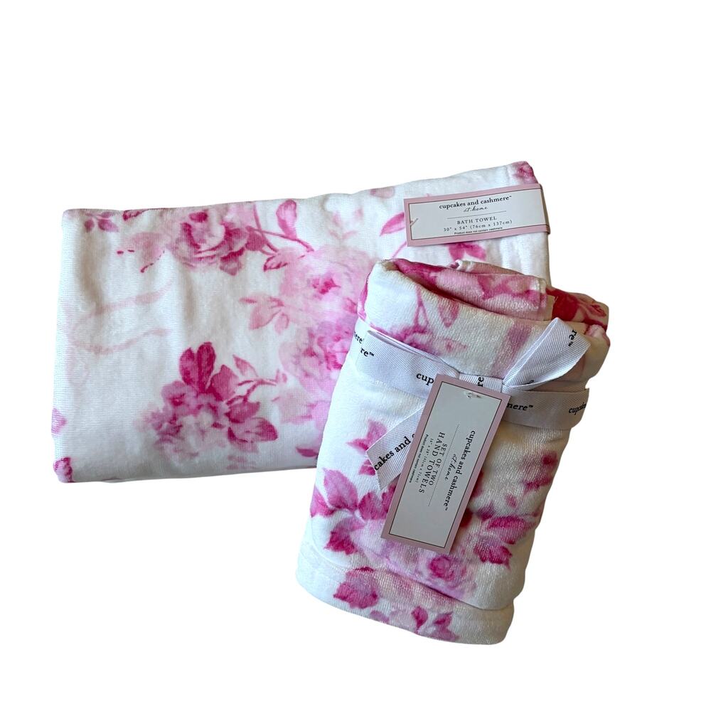 Cupcakes & Cashmere Pink Floral Towel Set- 2 Hand & 2 Bath Towels Cotton NEW